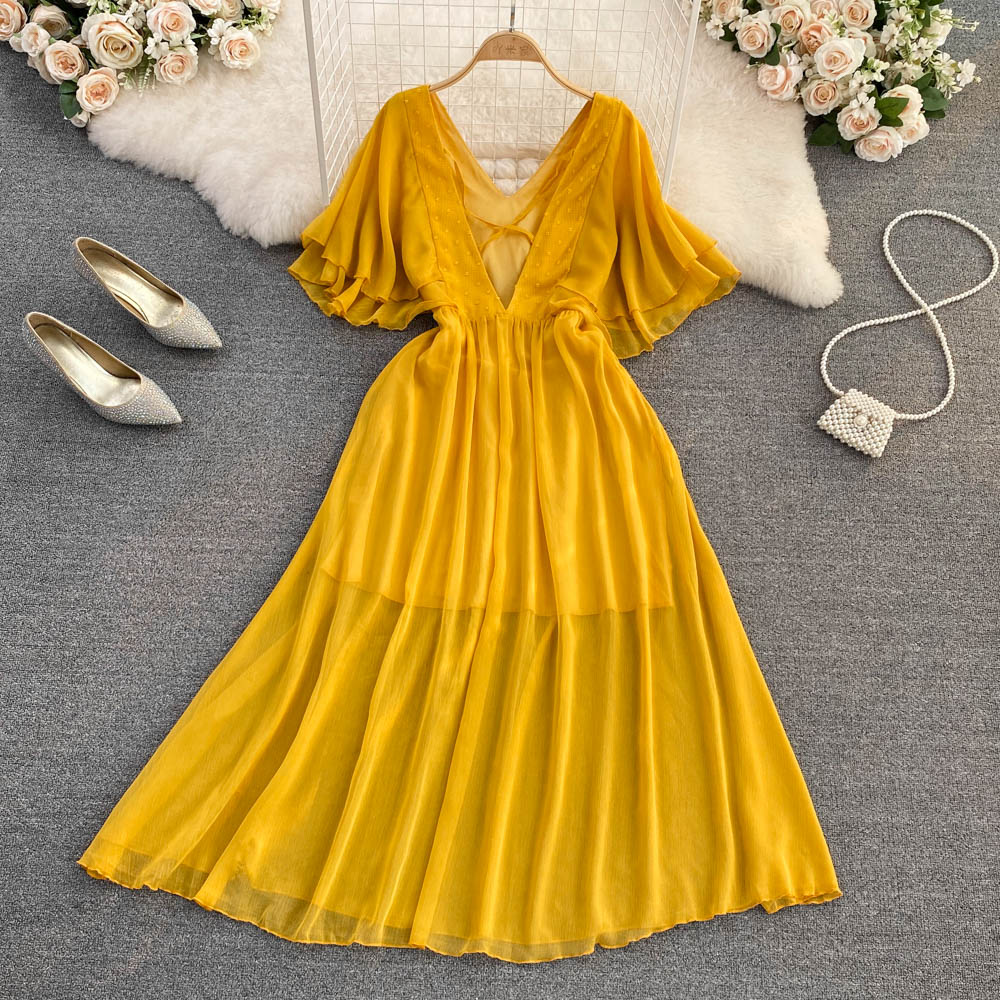 Yellow chiffon A line dress yellow fashion dress    S189