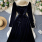 Black velvet long sleeve dress    S128