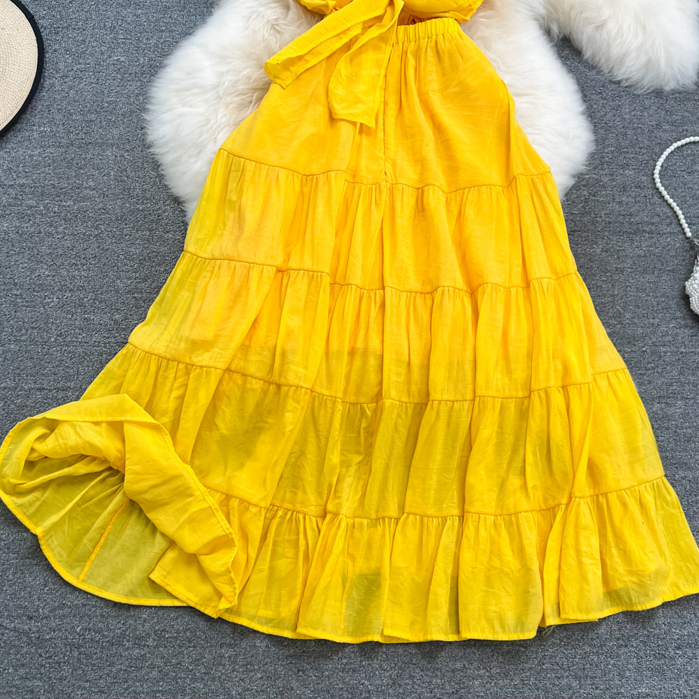 Yellow A line short dress fashion dress   S377