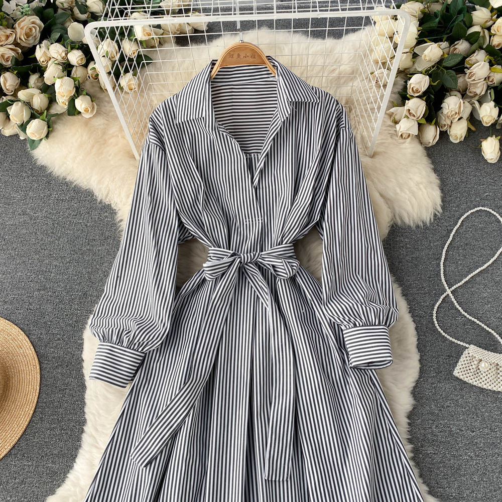 Simple striped long sleeve shirt dress   S244