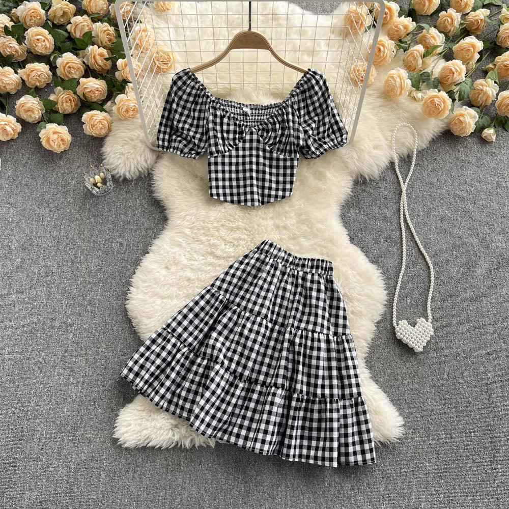 Cute Plaid Two Piece Dress A Line Fashion Dress     S458