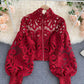 Stylish hollow lace top puff sleeve top   S107