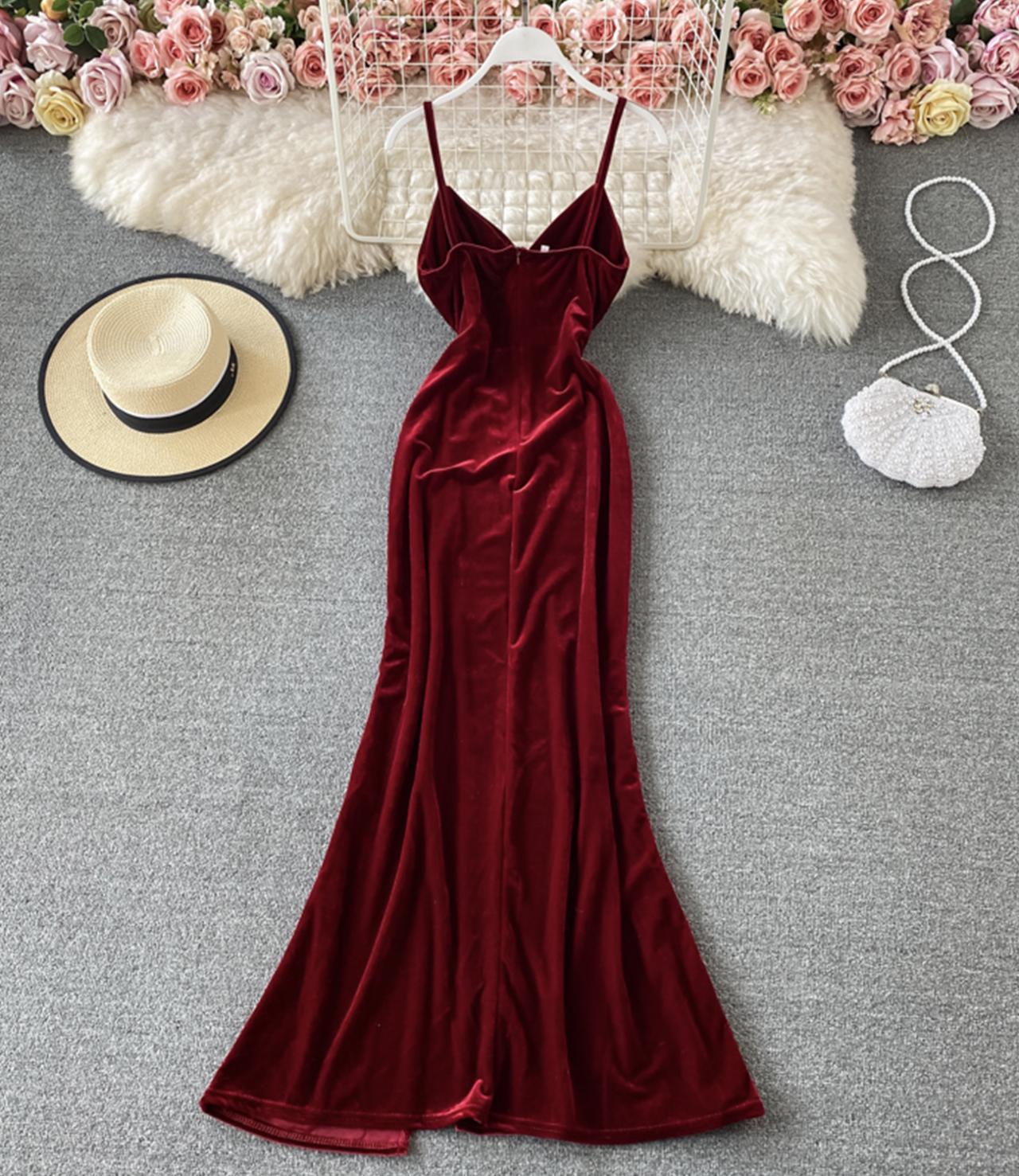 Burgundy velvet long dress  S27