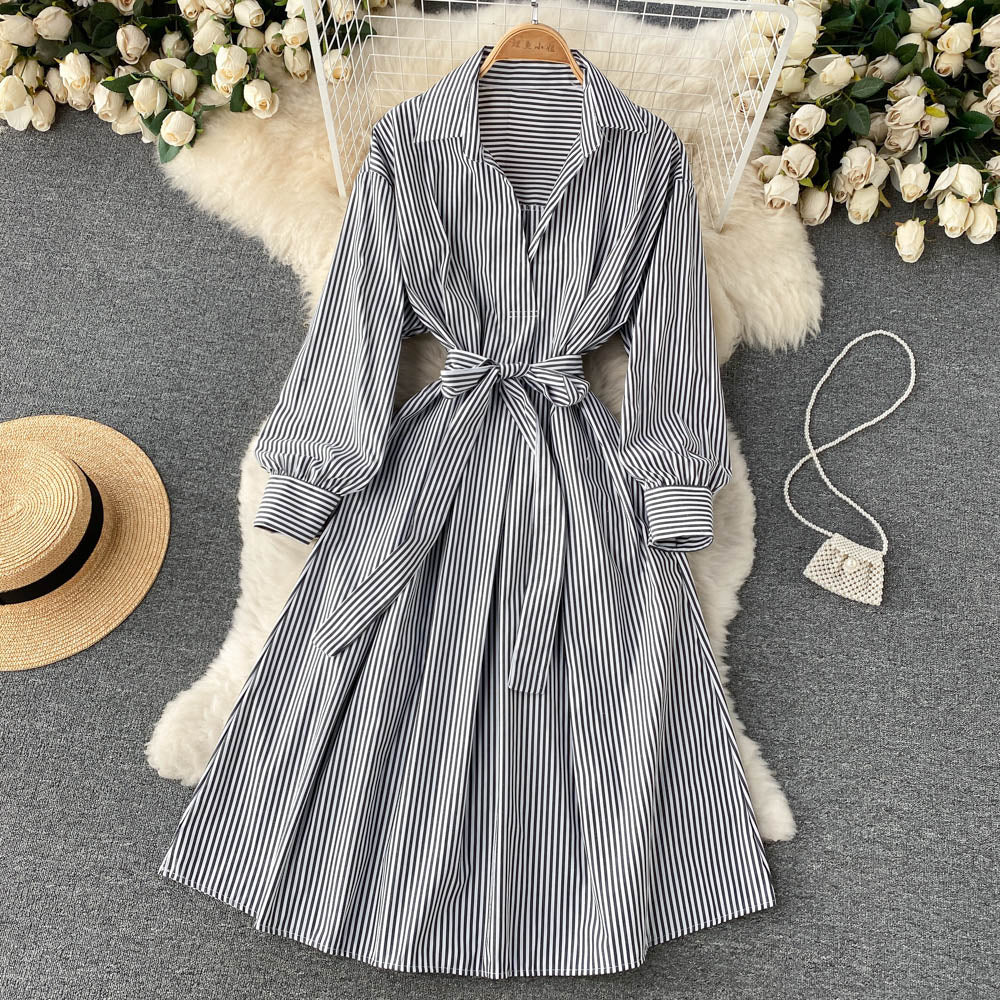 Simple striped long sleeve shirt dress   S244