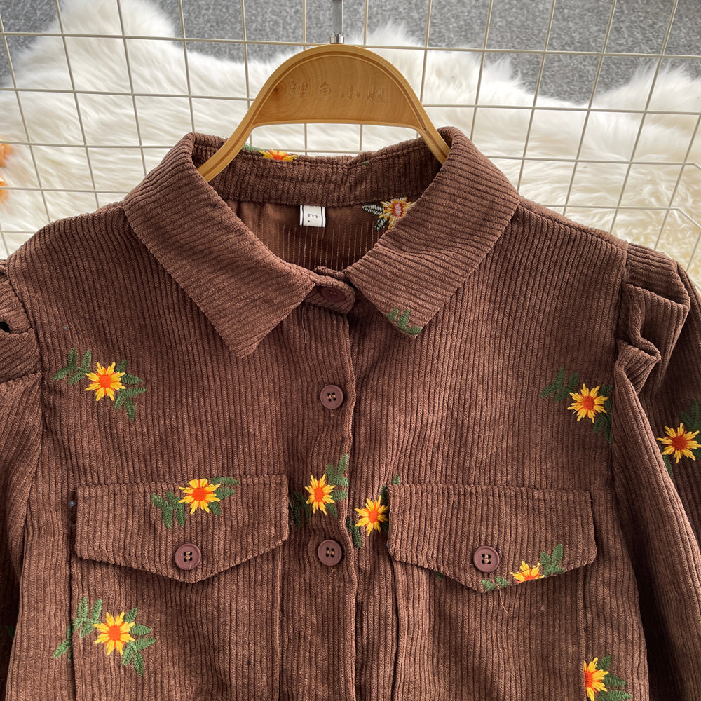 Lovely corduroy embroidered long-sleeved shirt    S517