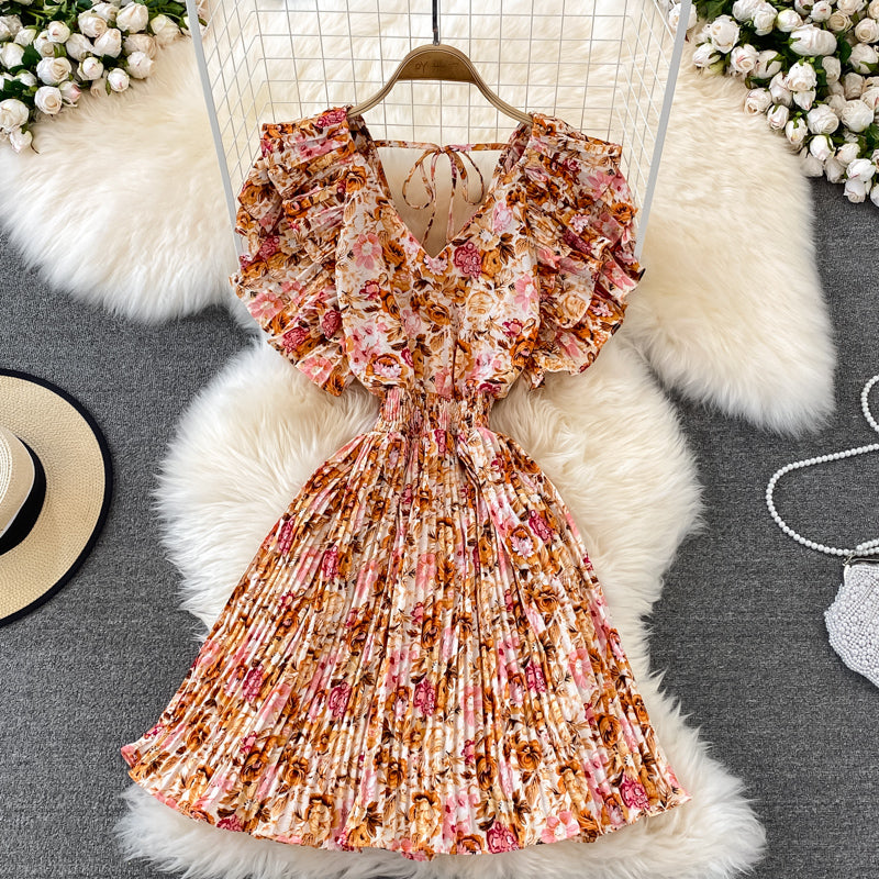 Cute v neck floral dress A line short dress   S445