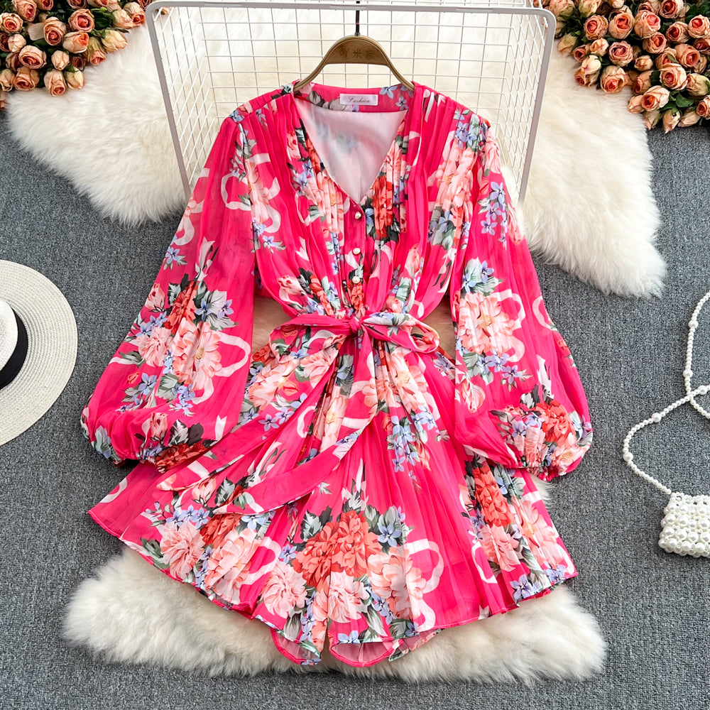 Cute v neck floral long sleeve jumpsuit fashion jumpsuit     S202