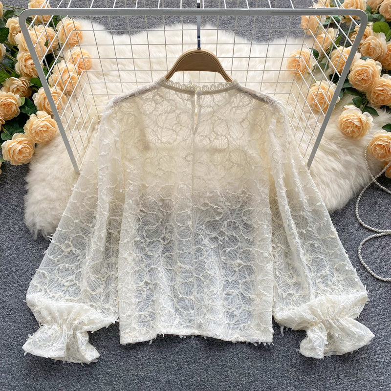 Lovely see-through long-sleeved lace top   S254