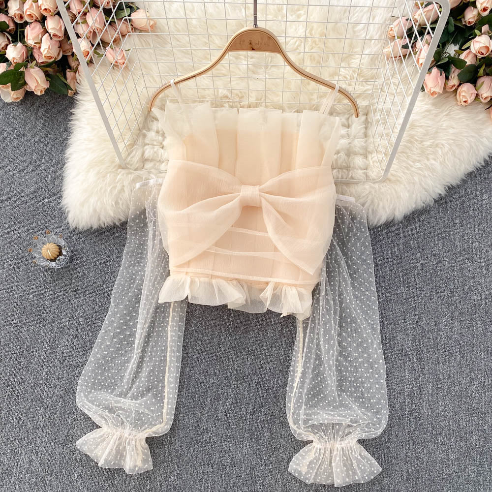 Cute tulle bow long sleeve tops crop tops      S242