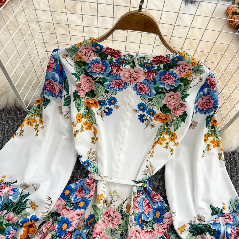 Cute A line floral pattern short dress white fashion dress     S237