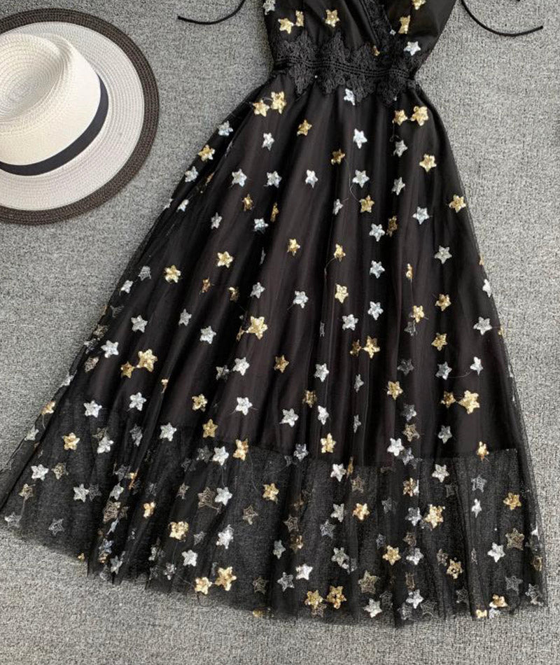 Black v neck tulle lace dress with stars sequins  S16