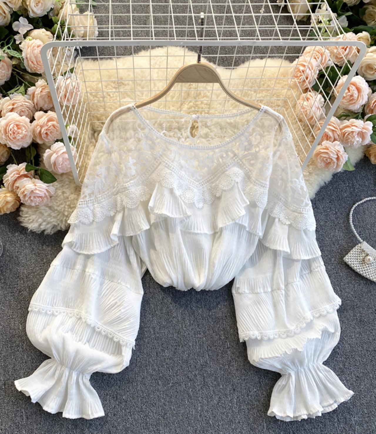 Stylish long sleeve tops see through lace tops   S86