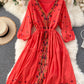 A line v neck embroidery long sleeve dress     S70