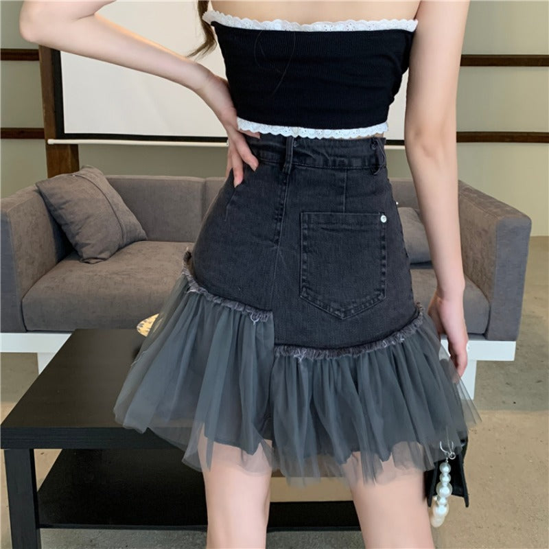 Cute denim patchwork skirt A line skirt    S354