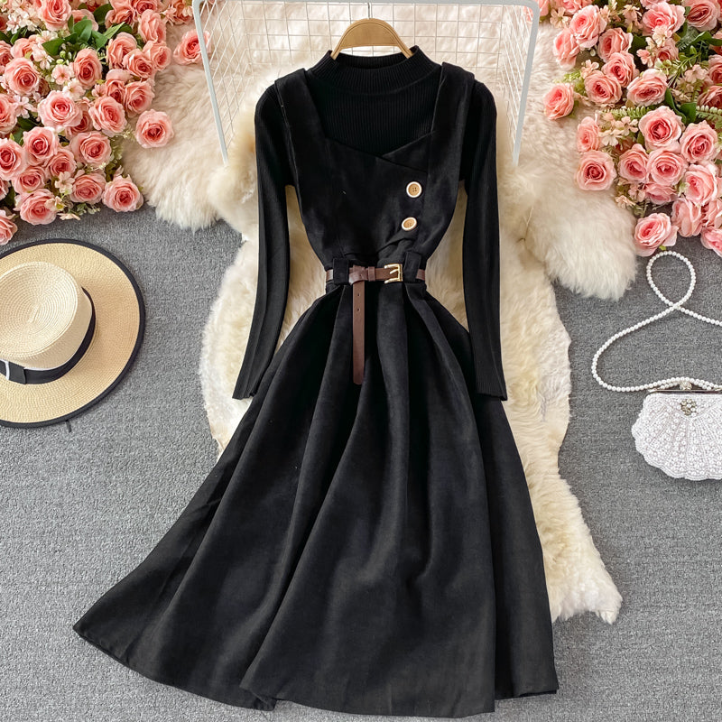 Retro suspender skirt, waist and corduroy dress, two-piece stand-up collar knitted bottoming shirt  S88