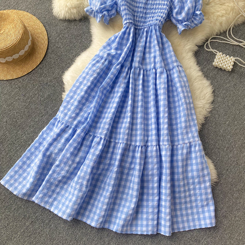 Sweet Plaid Short Sleeve Dress A line Fahion Dress    S460