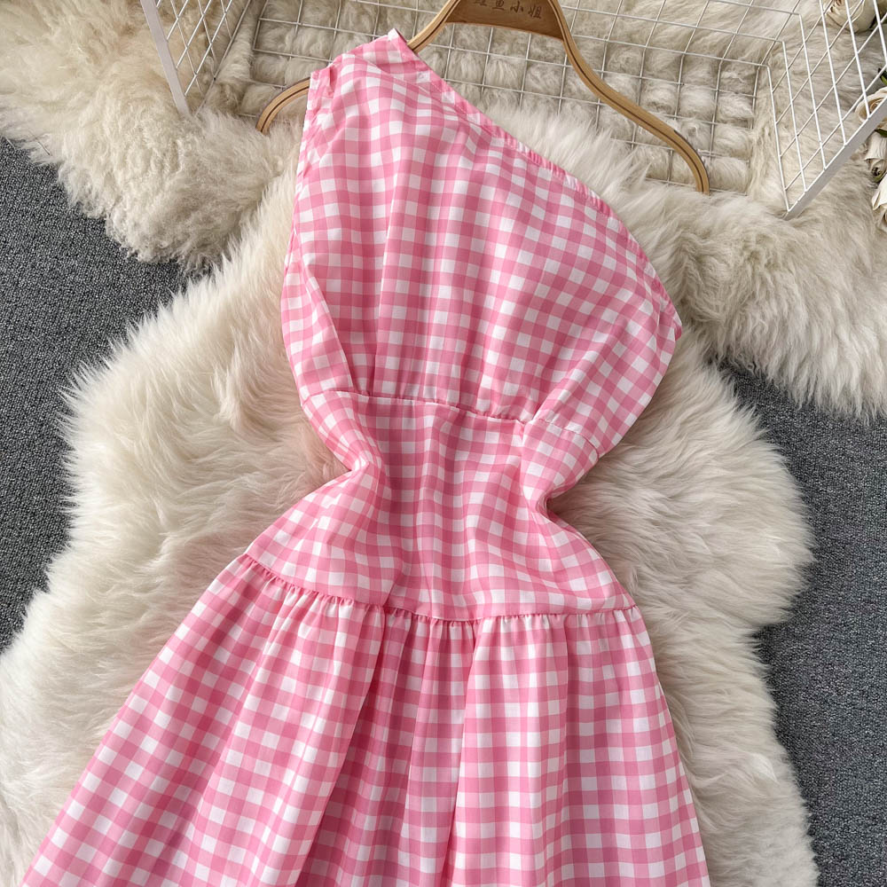 Sweet plaid one-shoulder dress A line fashion dresses     S457