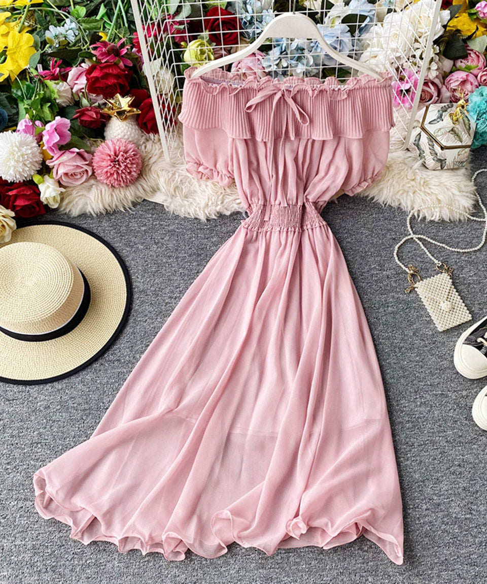 Cute off the shoulder chiffon casual summer dress    S62