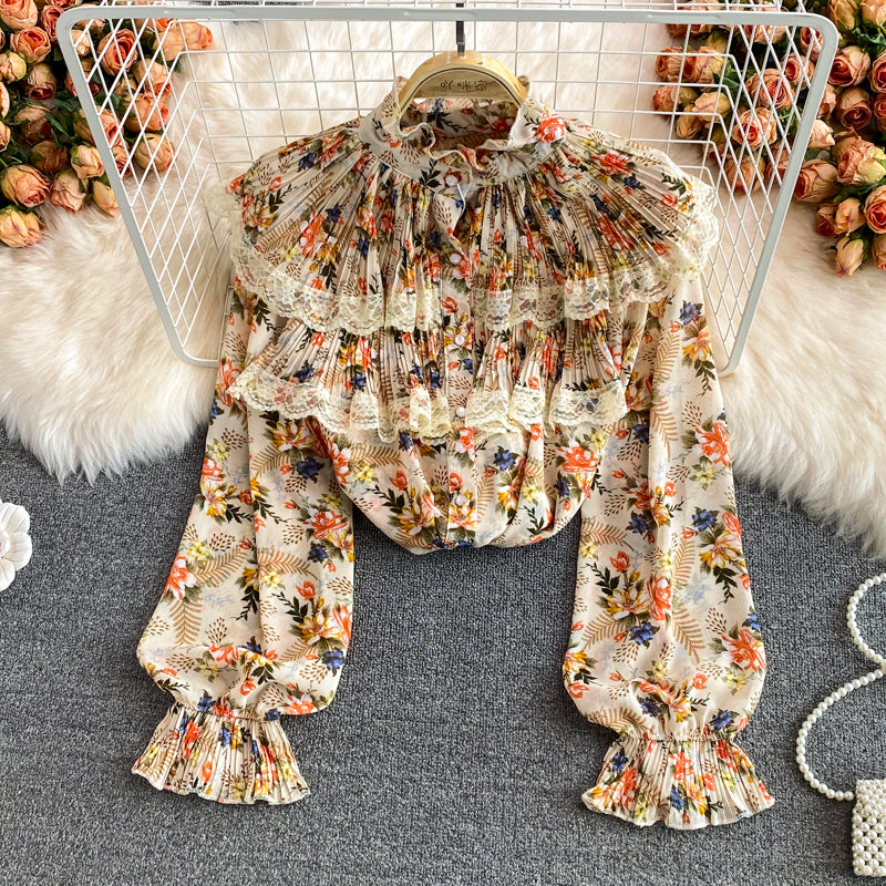 Sweet Ruffle Stand Collar Floral Chiffon Pleated Shirt Top    S208