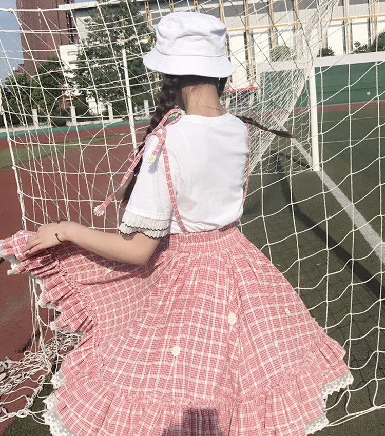 Sweet plaid suspender skirt plaid skirt    S127