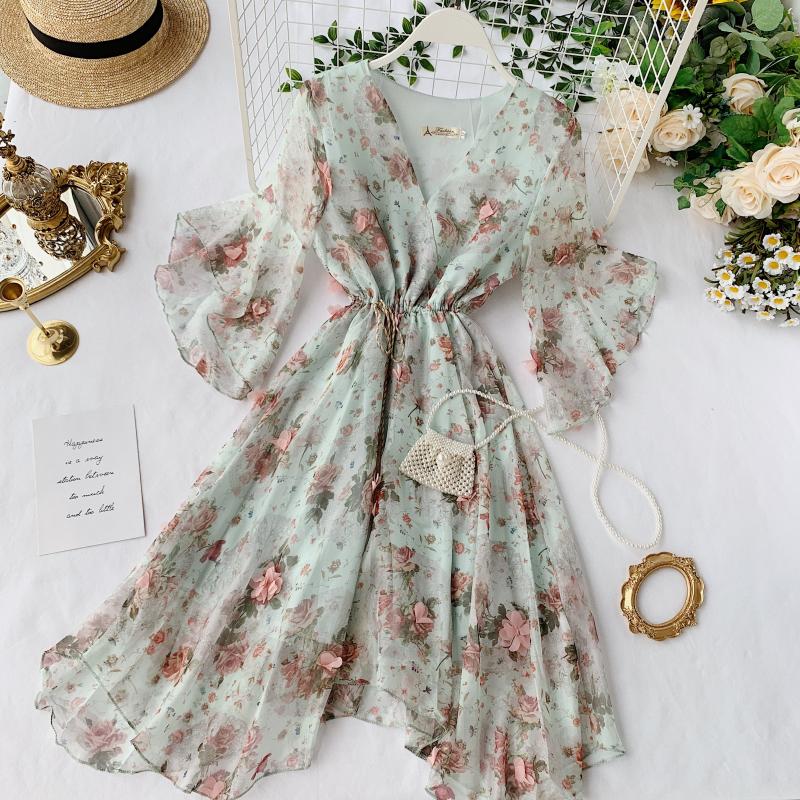 A line v neck floral dress fashion dress S01