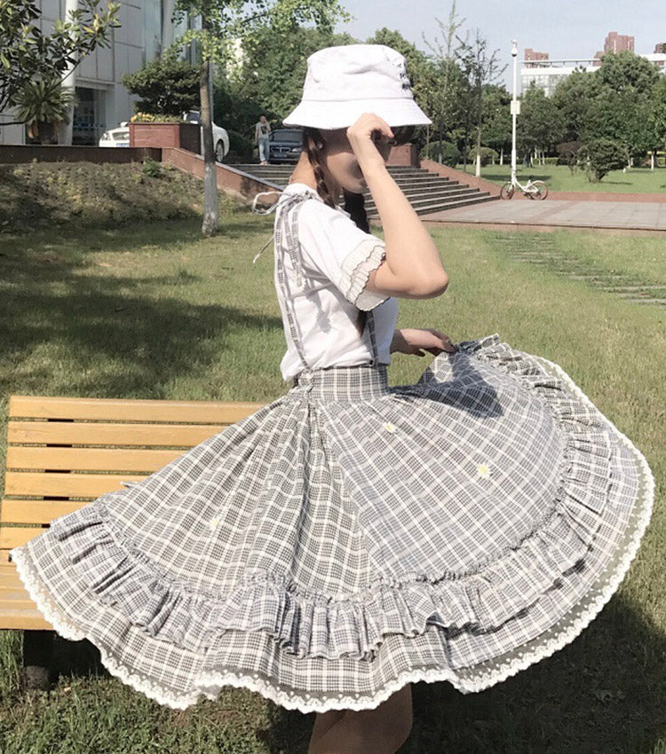 Sweet plaid suspender skirt plaid skirt    S127