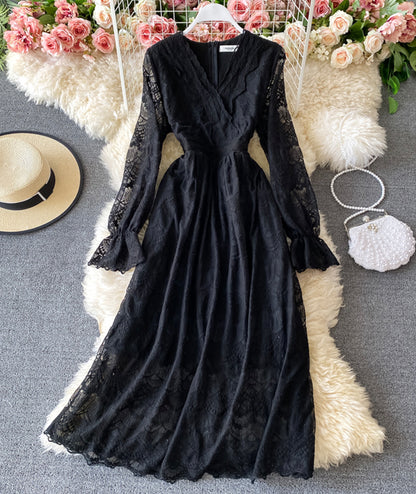 Elegant v neck lace long sleeve dress    S09