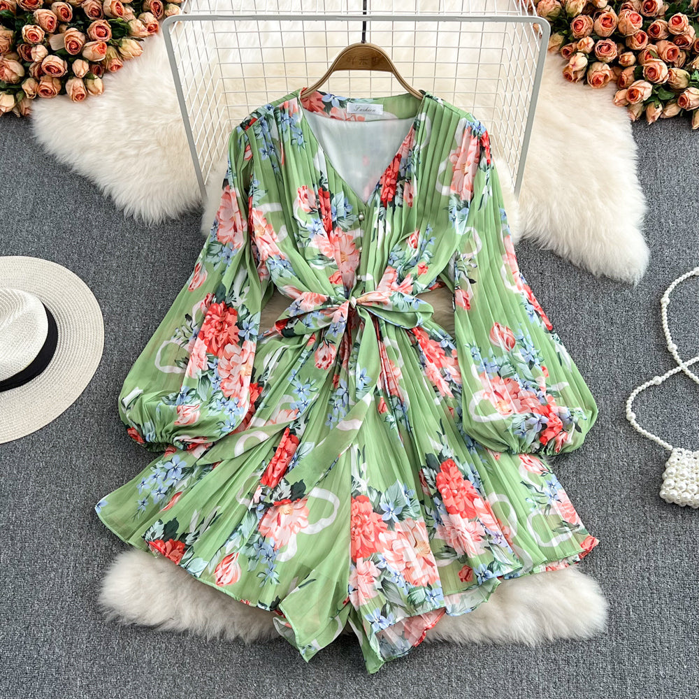 Cute v neck floral long sleeve jumpsuit fashion jumpsuit     S202