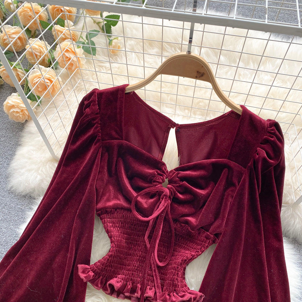 Stylish velvet long sleeve crop tops    S54