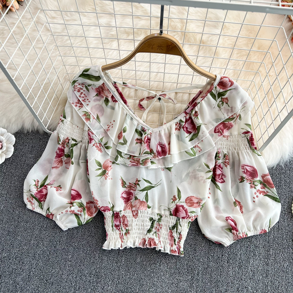 Cute v neck chiffon tops crop tops   S267