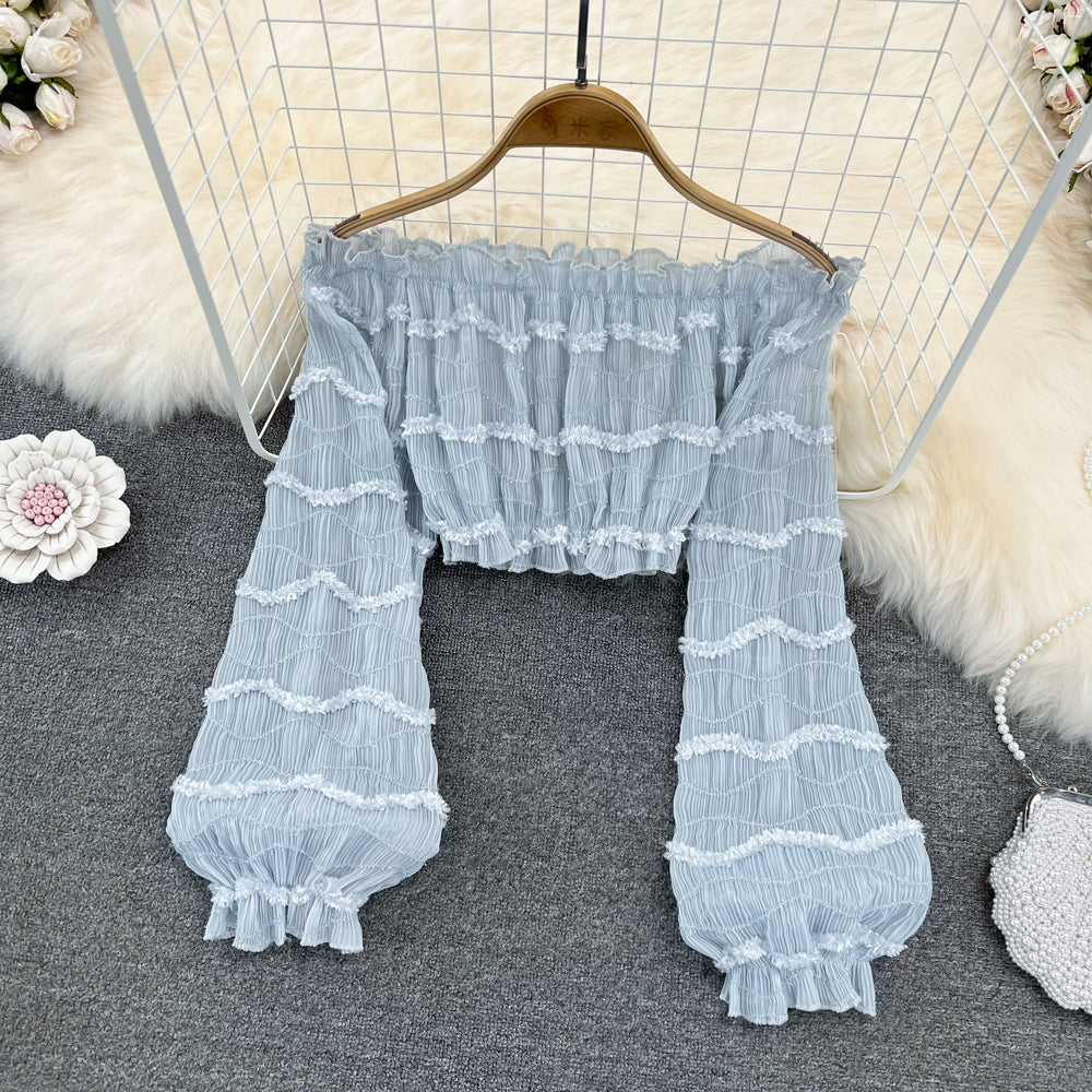 Cute Ruffled Ruffled Lantern Sleeve Chiffon Shirt Cropped Top    S197