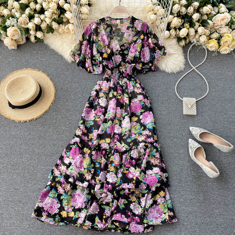 Cute v neck floral dress A line fashion dress  S61