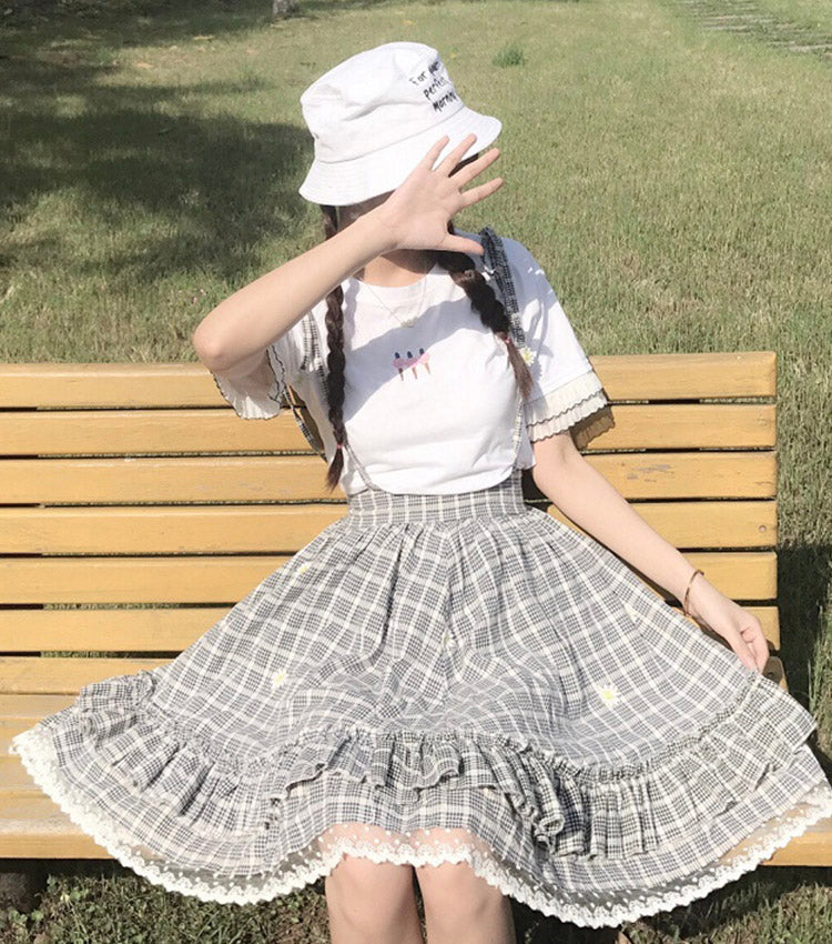 Sweet plaid suspender skirt plaid skirt    S127