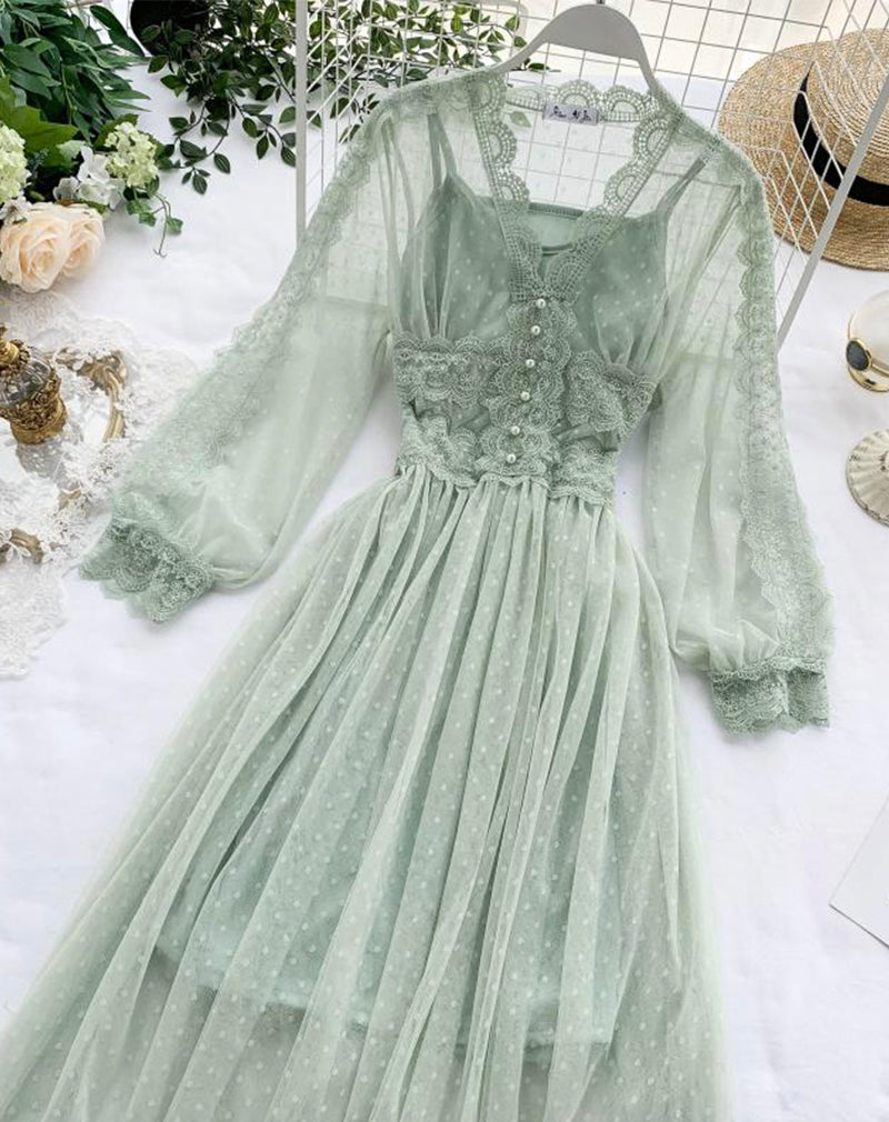 A line tulle lace long sleeve dress fashion dress   S108