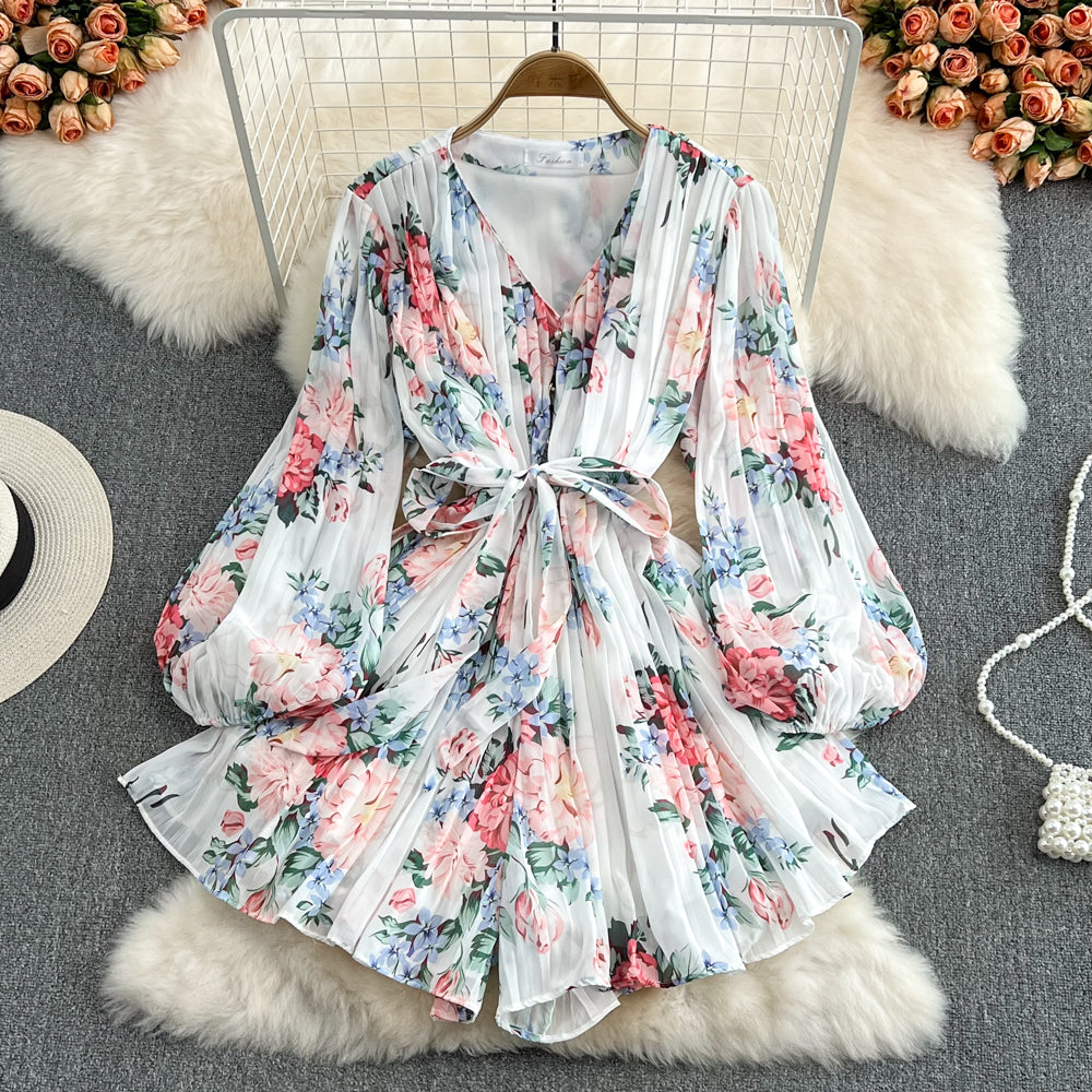 Cute v neck floral long sleeve jumpsuit fashion jumpsuit     S202