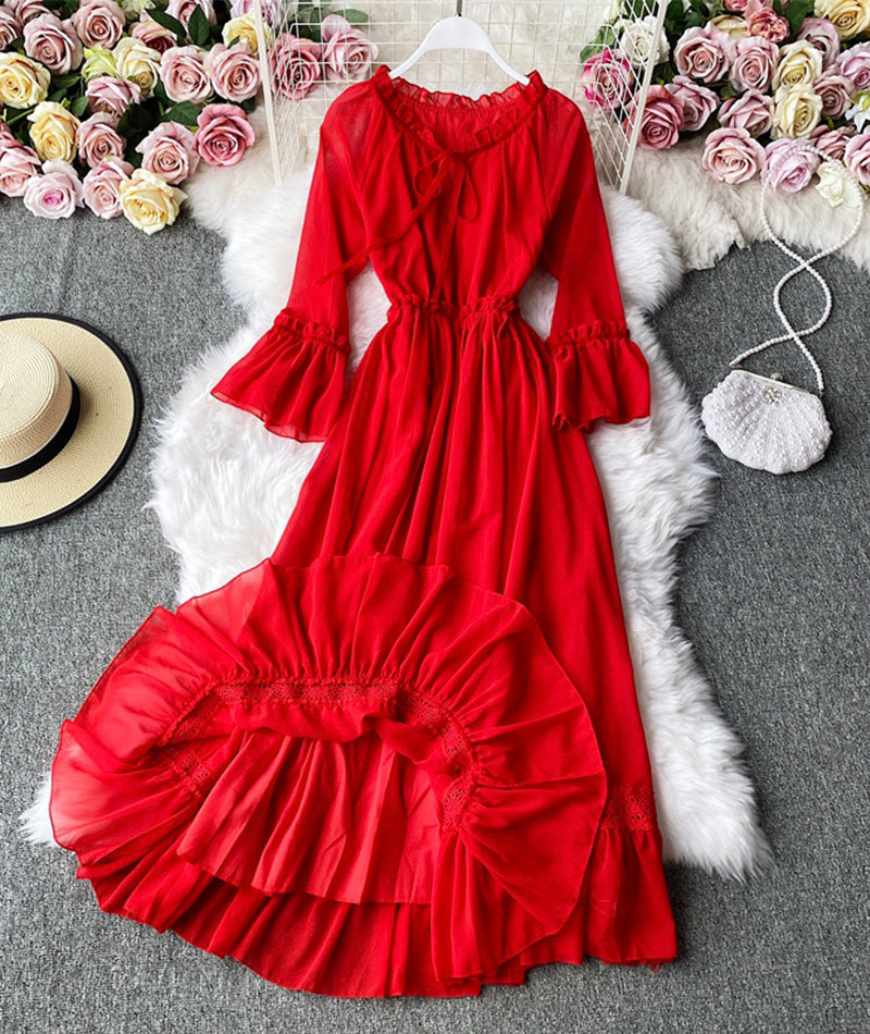 Red A line chiffon dress fashion girl dress    S129