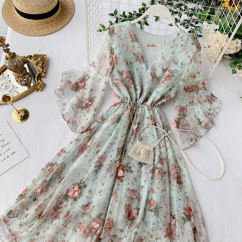 A line v neck floral dress fashion dress S01