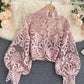 Stylish hollow lace top puff sleeve top   S107