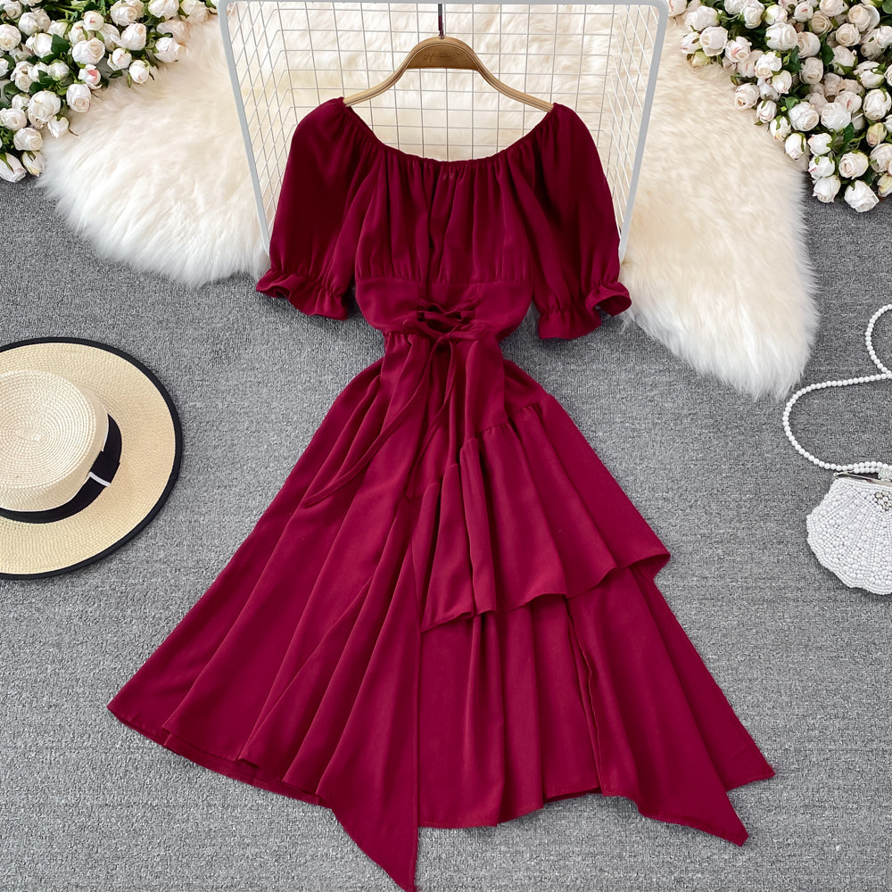 Simple lace-up dress with irregular dress       S508