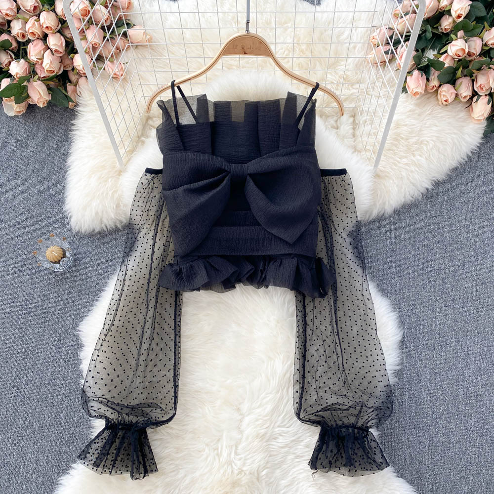 Cute tulle bow long sleeve tops crop tops      S242