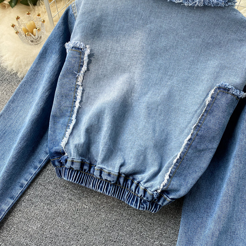 Chic denim long-sleeved cropped top     S42