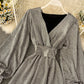 Simple v neck long sleeve short dress    S63