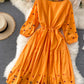 A line v neck embroidery long sleeve dress     S70