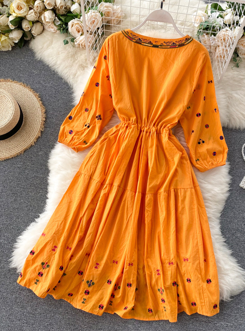 A line v neck embroidery long sleeve dress     S70