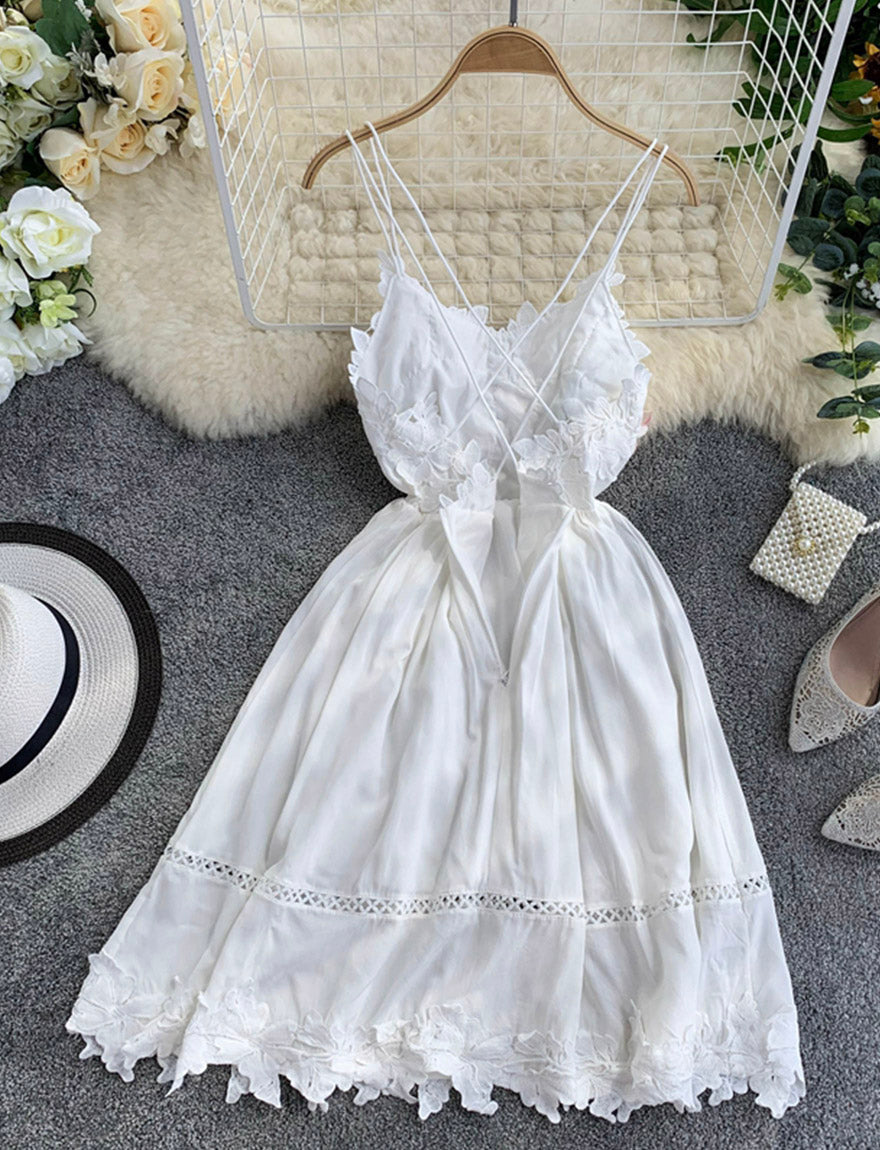 White lace applique backless dress girl dress   S72