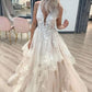 Elegant v neck open back lace long prom dress, wedding dress    S1591
