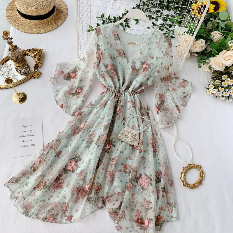 A line v neck floral dress fashion dress S01