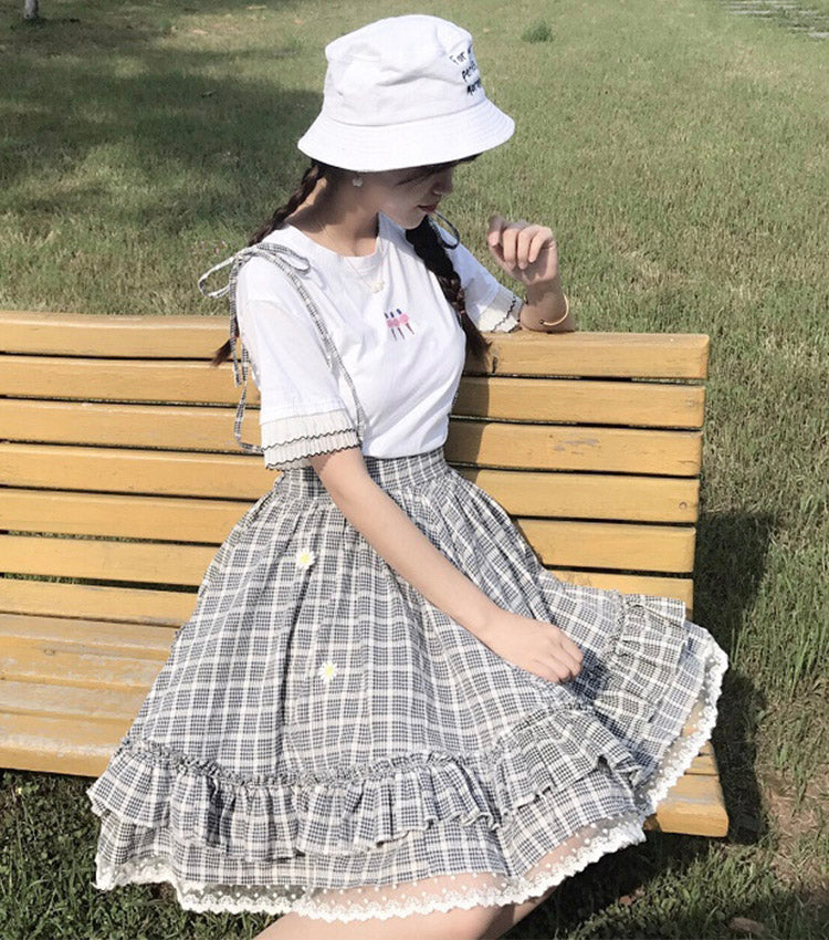 Sweet plaid suspender skirt plaid skirt    S127