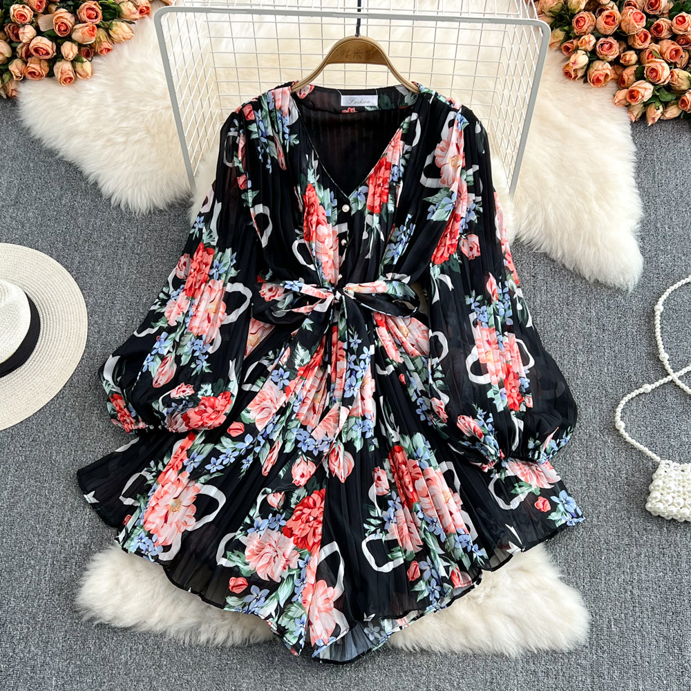 Cute v neck floral long sleeve jumpsuit fashion jumpsuit     S202