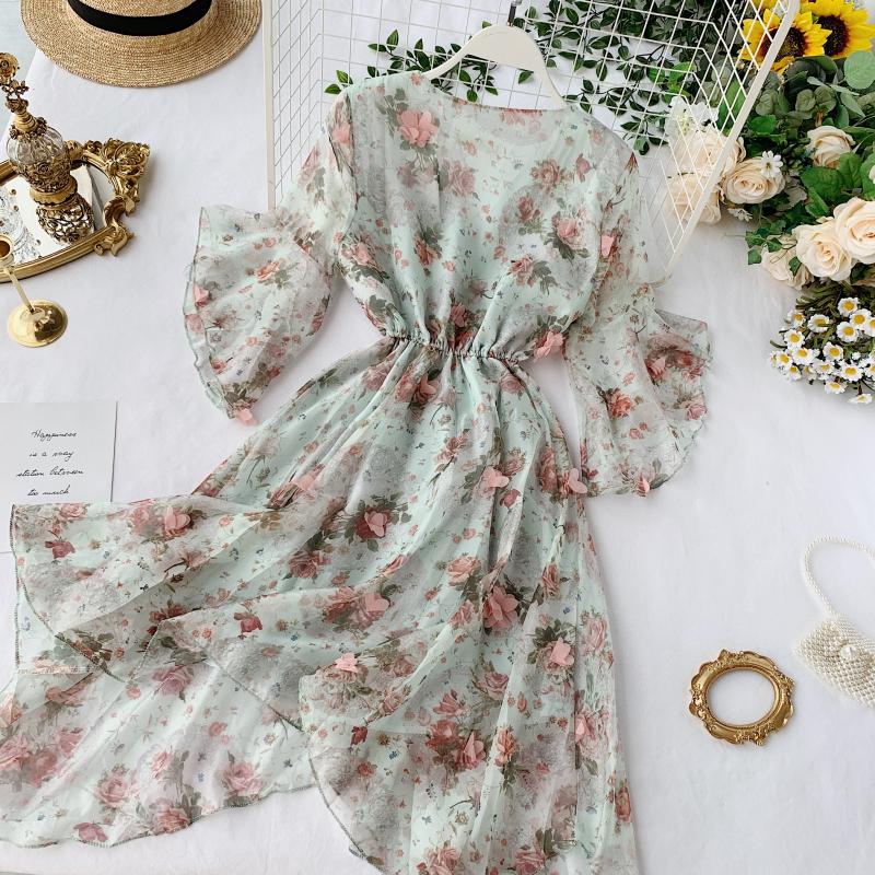 A line v neck floral dress fashion dress S01